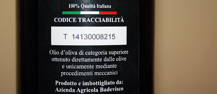 Il codice di tracciabilità che garantisce la qualità dell'extra vergine contenuto nelle bottiglie d'olio Badevisco